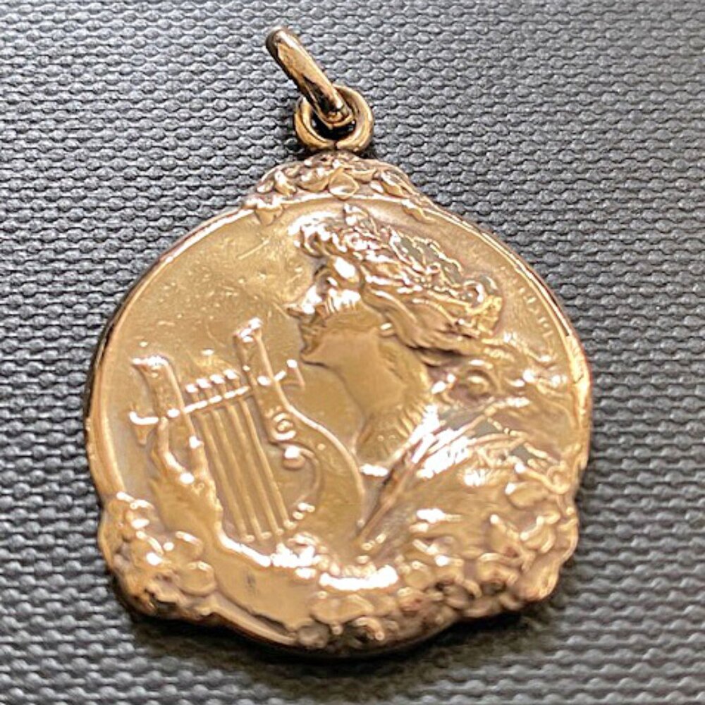 Antique 1910's Gold Fix Signed Becker Pendant Portraying Lady Playing the Lira